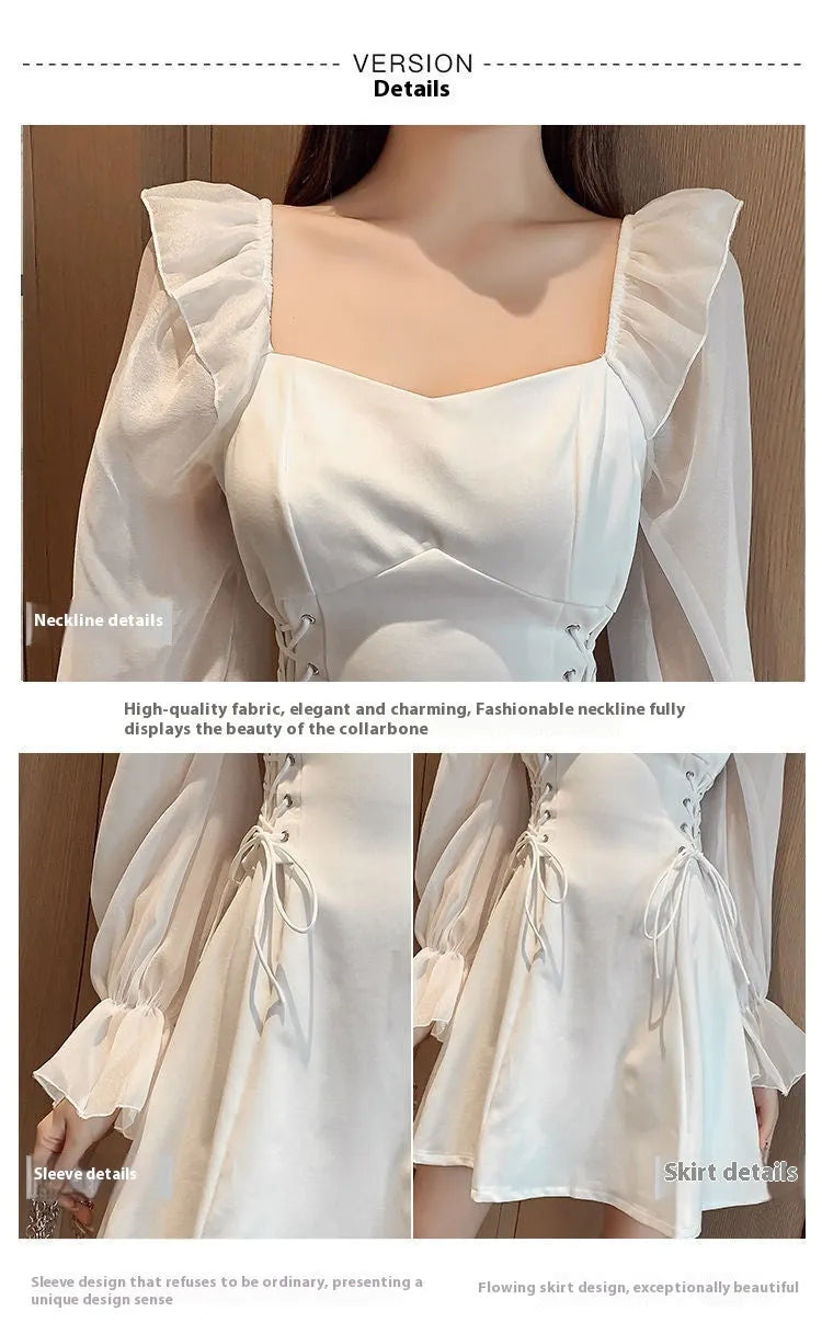 White chiffon patchwork dress with long sleeves and a slim, waist-defining fit on a mannequin.