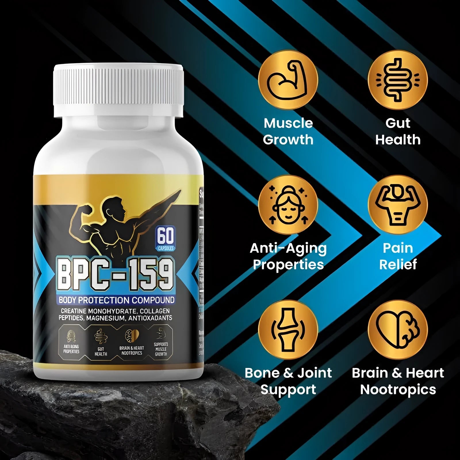 Body energy supplement capsules in bottle suitable for any skin type