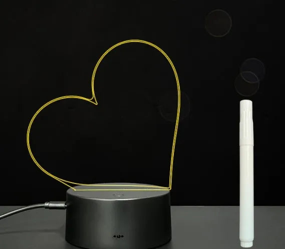 3D acrylic message board lamp with black crack base displaying handwritten text and glowing with multi-colour LED light