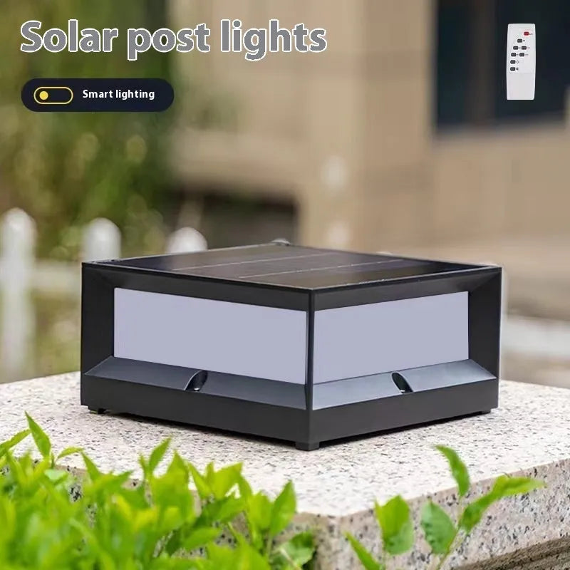 Aluminium outdoor solar LED column light showing two size options for wall or door mounting.