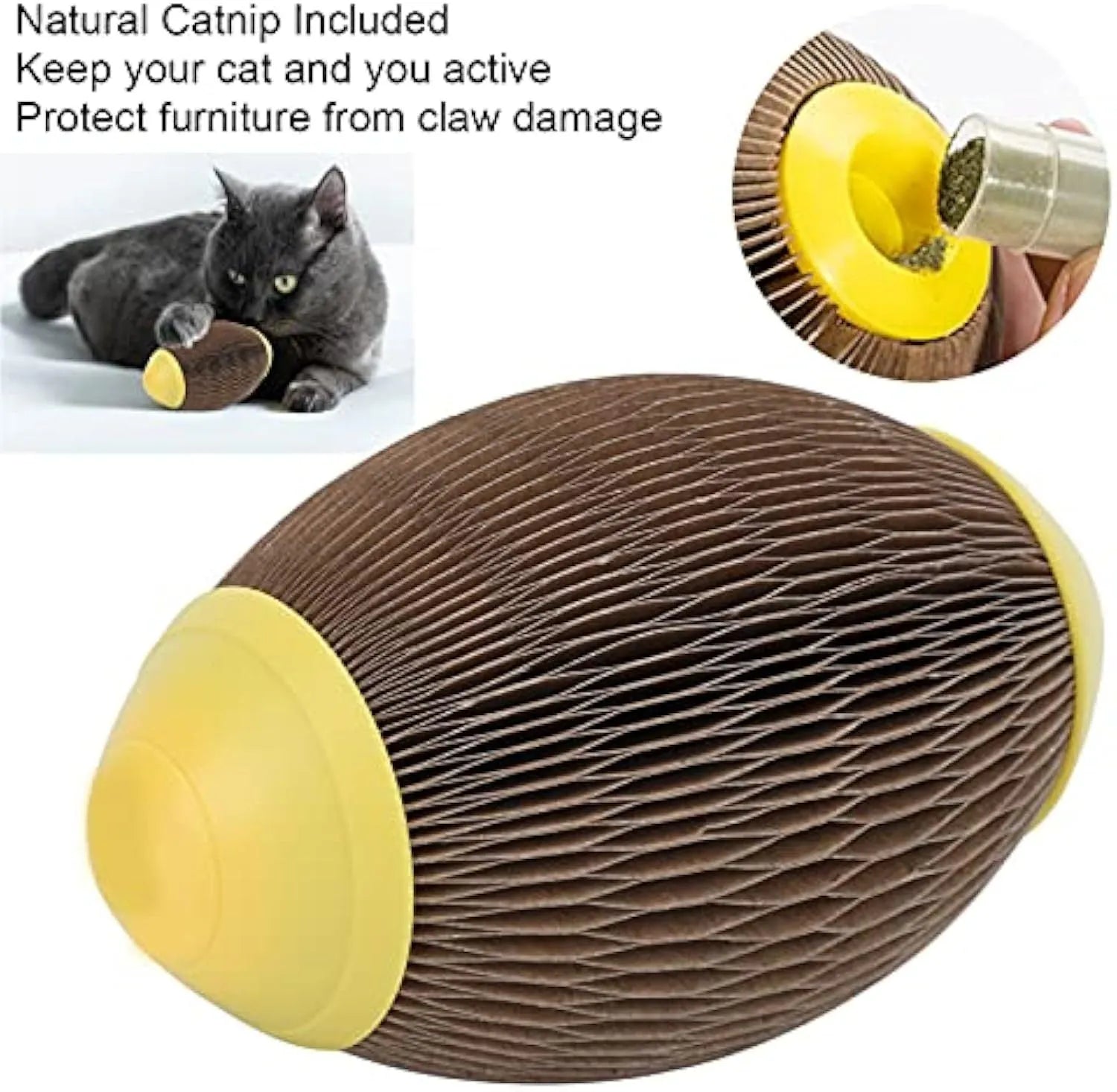 Ellipse-shaped catnip scratch ball toy made from recycled corrugated paper for feline exercise and play
