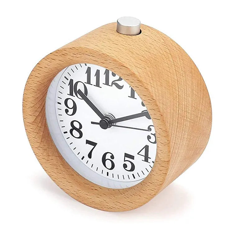 Solid beech wood bedside alarm clock with analogue display and silent snooze mechanism