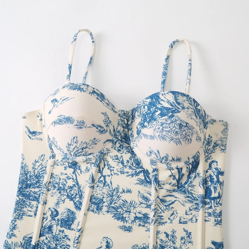 Blue patterned one-piece swimsuit for women with matching gauze skirt option in polyester fabric