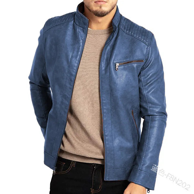 Men's brown artificial leather punk motorcycle jacket with stand collar and patch pockets.
