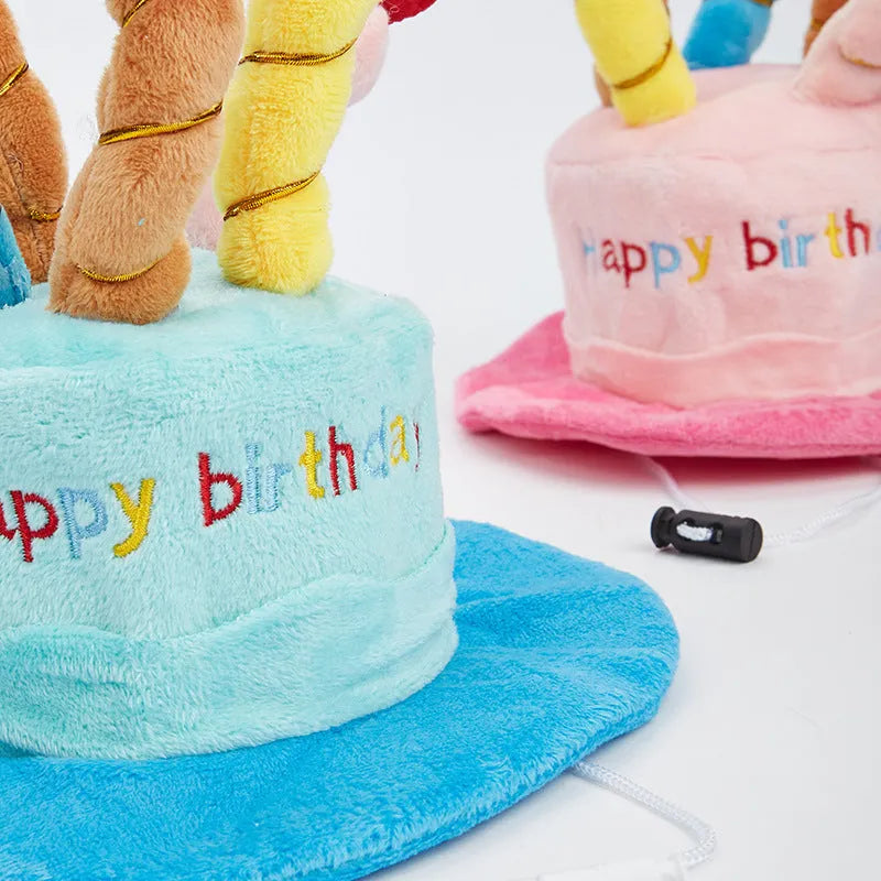 Blue and pink coloured toy birthday hat for dogs on a white background.