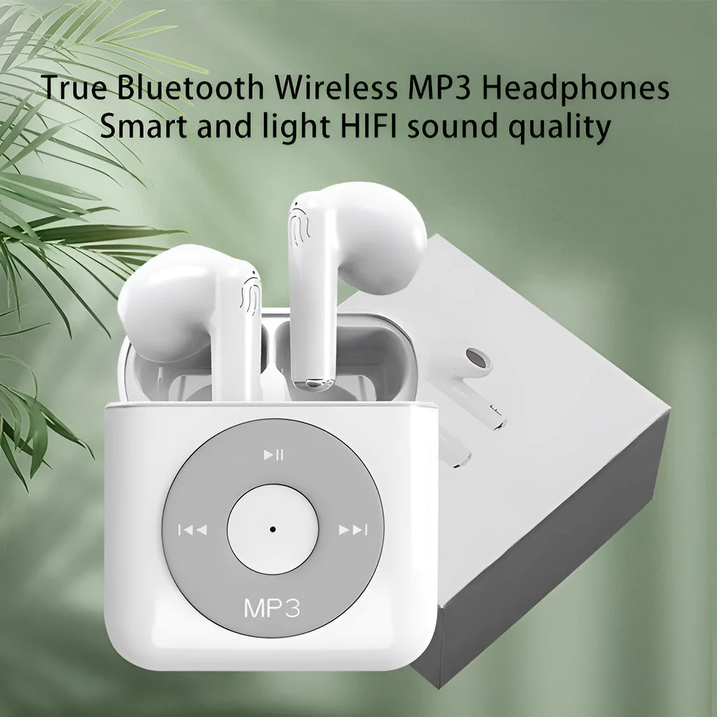White wireless Bluetooth earphones with charging case showing semi in-ear design