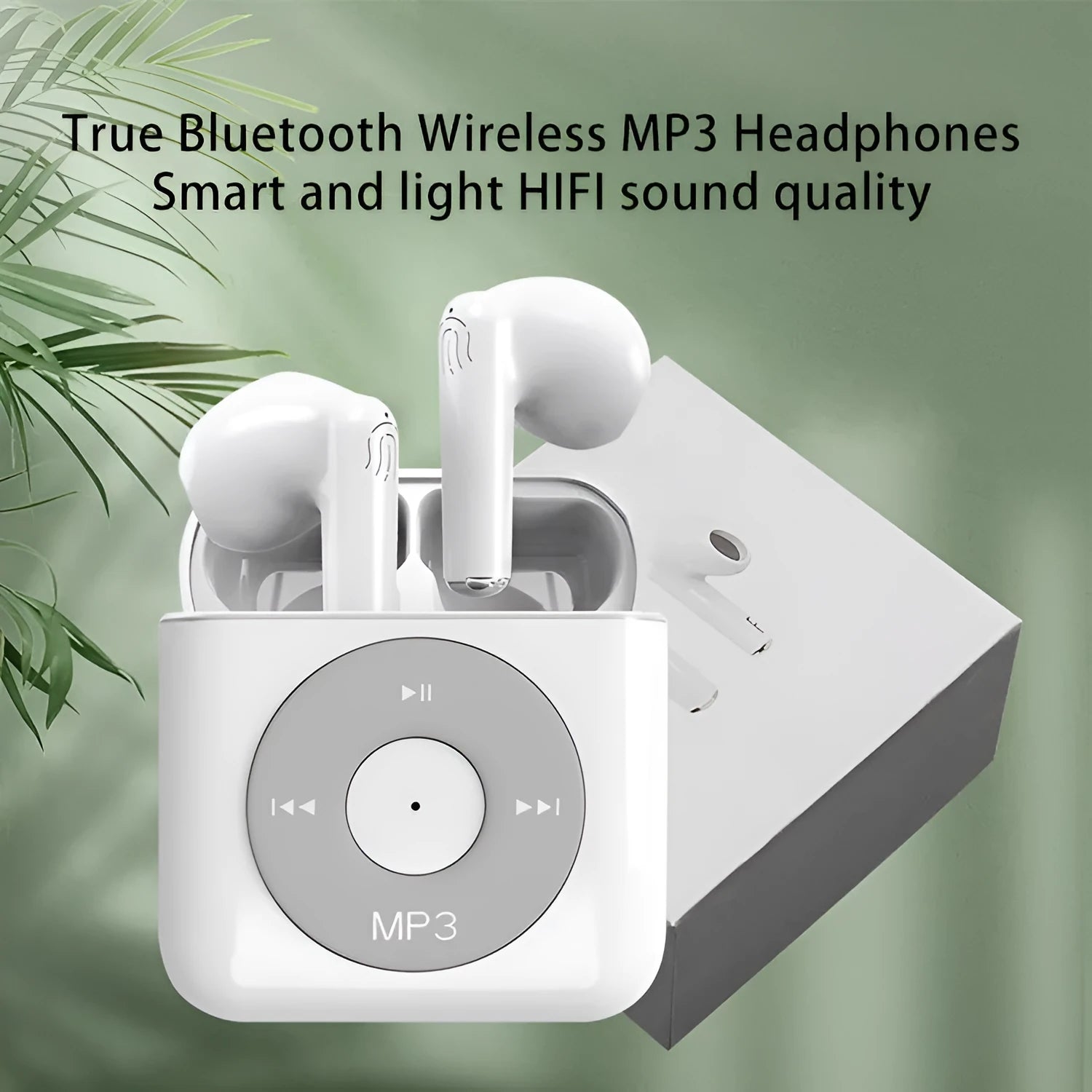 White wireless Bluetooth earphones with charging case showing semi in-ear design