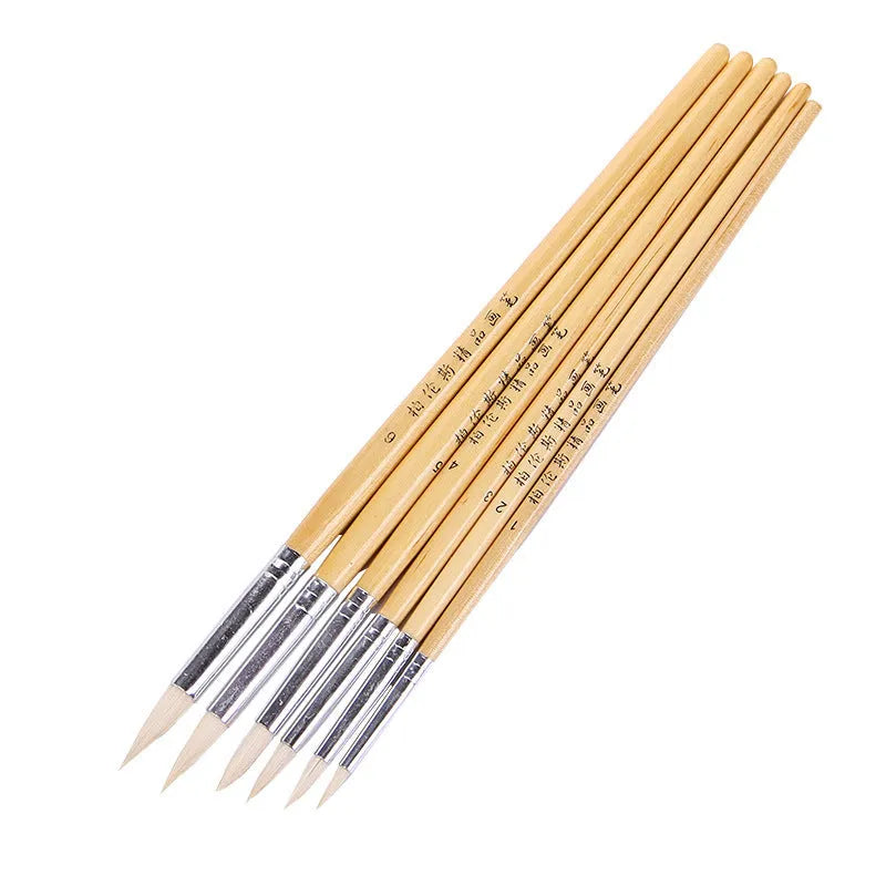 Six-piece artistic wooden pointed hook pen brush set for conventional painting and wool line work