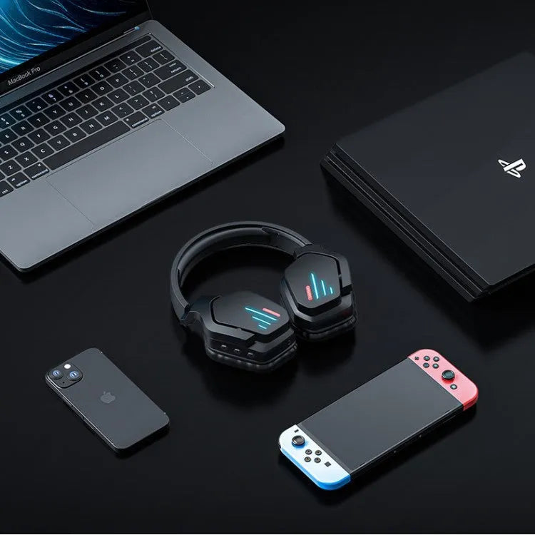 Luminous black wireless gaming headphones with head-mounted design showing NFC connectivity symbol
