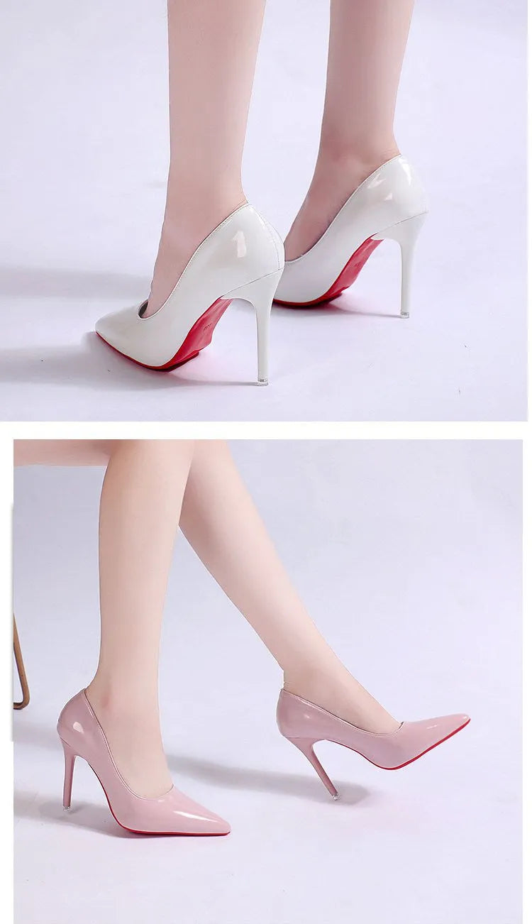 Women's black stiletto heel pump with pointed toe and shallow mouth design on a white background.