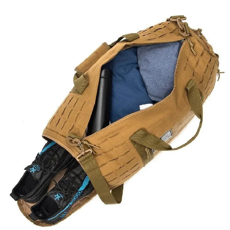 Men's khaki waterproof Oxford cloth sports handbag with air pillow strap, showing large main compartment.