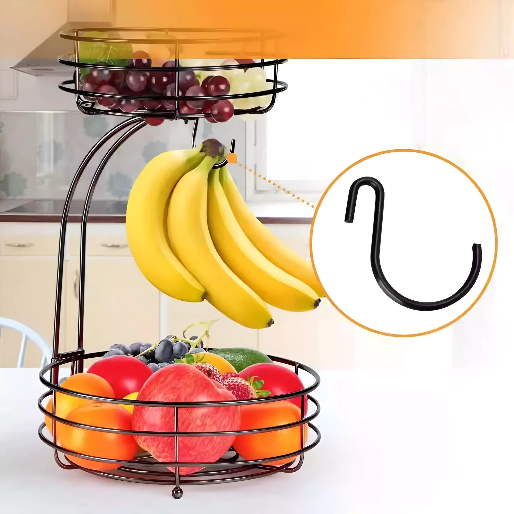 Black wrought iron double-layer fruit basket with two storage tiers for organising fruits and vegetables