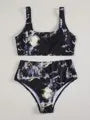 Women's marble tie-dye high waist bikini with U-neck top and separated swimwear design
