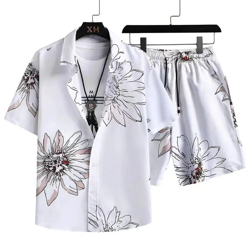 Man wearing a digital print short sleeve cardigan and matching shorts from the casual suit set.