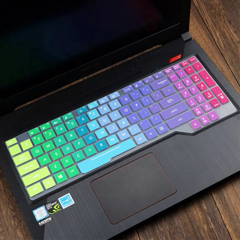 ASUS Flight laptop keyboard protective film cover shown in a translucent colour option on a laptop.