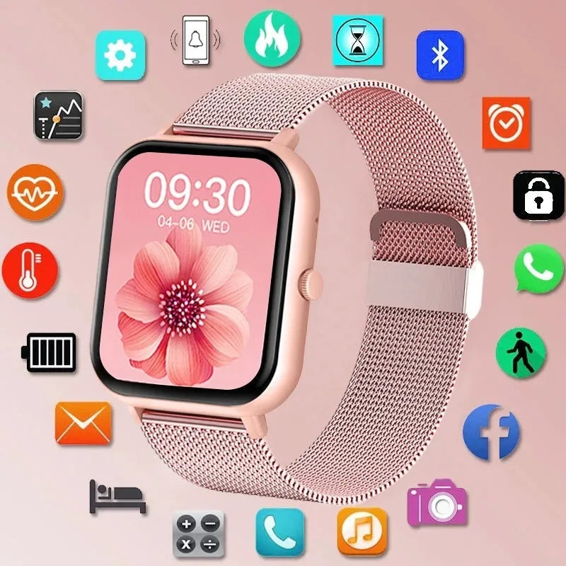 ZL54C smart watch with AMOLED screen showing health stats, available with black, pink, or silver Milan steel strap.