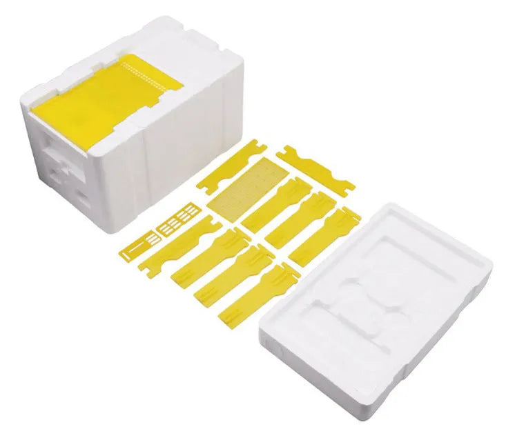 Three white EPS foam bee mating boxes for beehive pollination and breeding tool set
