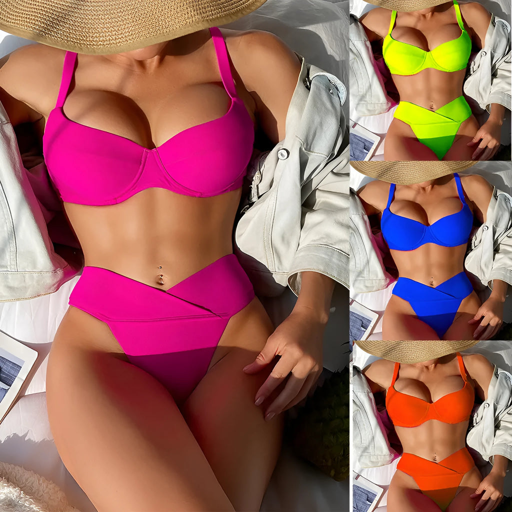 Solid colour bikini swimsuit in fluorescent pink, green, blue, orange, or black, showing sleeveless top and split briefs.