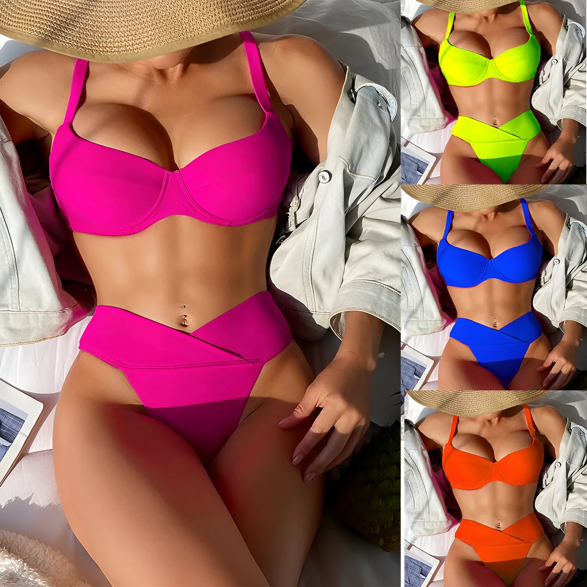 Solid colour bikini swimsuit in fluorescent pink, green, blue, orange, or black, showing sleeveless top and split briefs.