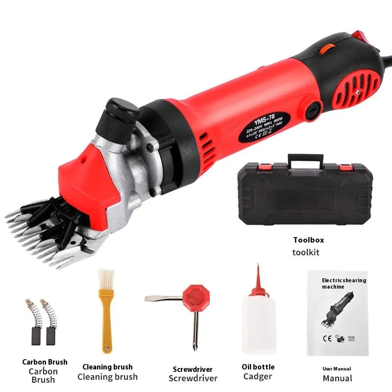 Yellow electric wool shearing tool with 110V plug and multiple knife sets in a plastic storage case.