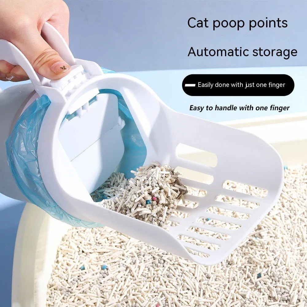 Foldable cat litter scoop with attached waste bin and lid in grey blue or green PP plastic