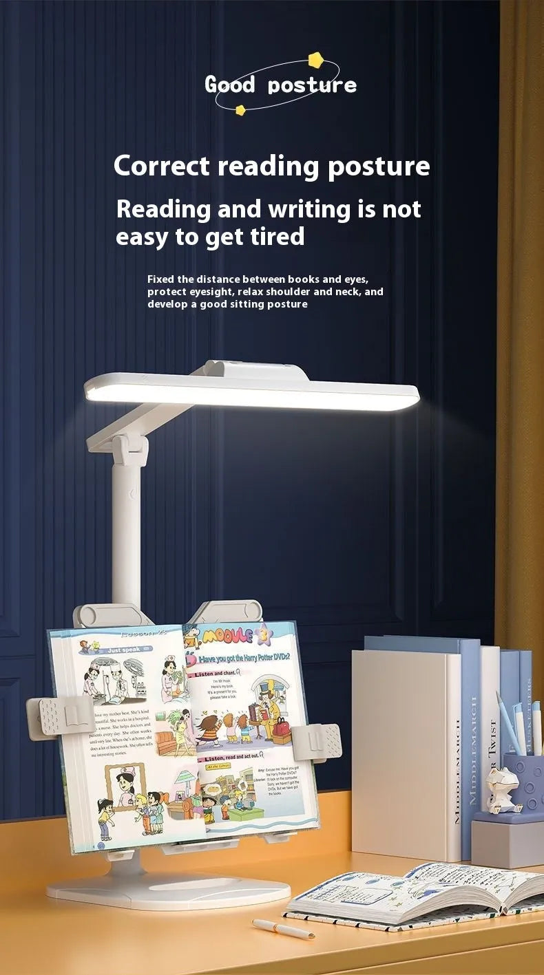 Adjustable desk lamp with integrated bookshelf showing three colour temperature settings and USB charging port