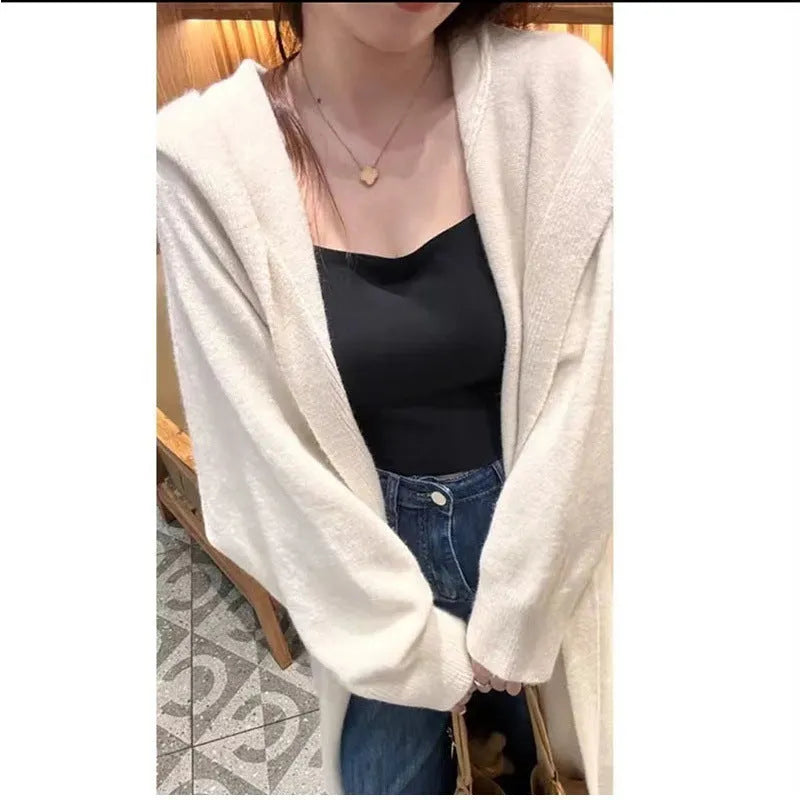 Korean style women's hooded knitted cardigan in wool blend fabric with below-knee length