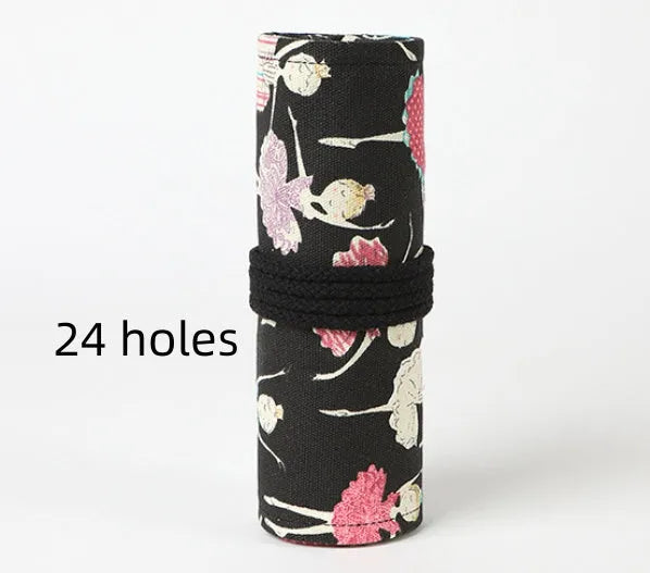 Canvas rolling pencil case with ballet girl print, shown open to display multiple pencil holes.