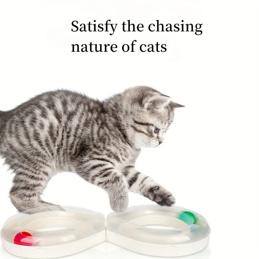 Blue and white cat turntable toy with rotating track ball and teasing stick for feline play