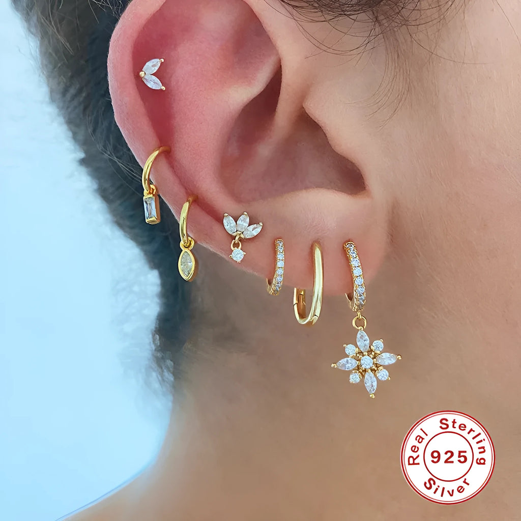 S925 sterling silver snowflake pendant earrings with geometric design in white gold or yellow gold colour