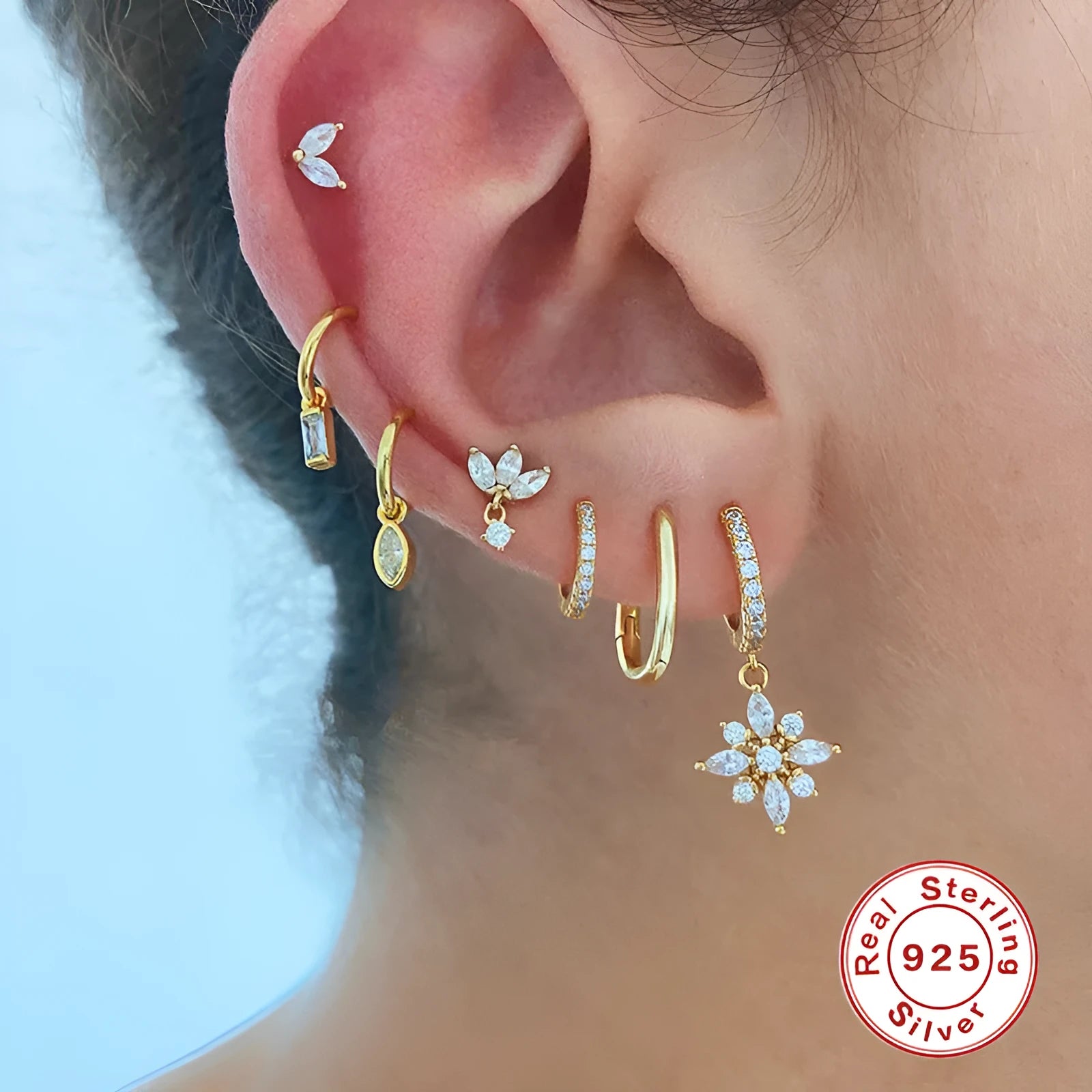 S925 sterling silver snowflake pendant earrings with geometric design in white gold or yellow gold colour