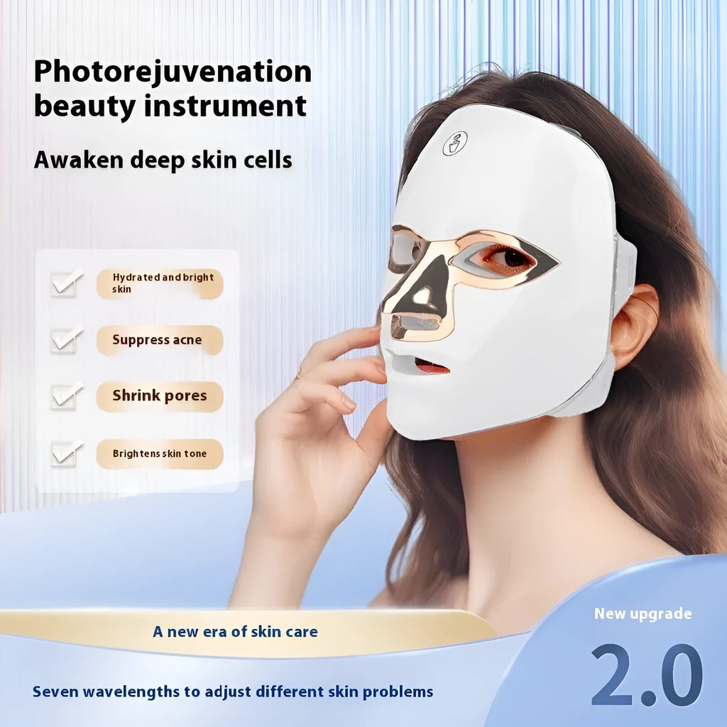 Rechargeable LED beauty mask with touch controls in white and gold colour.