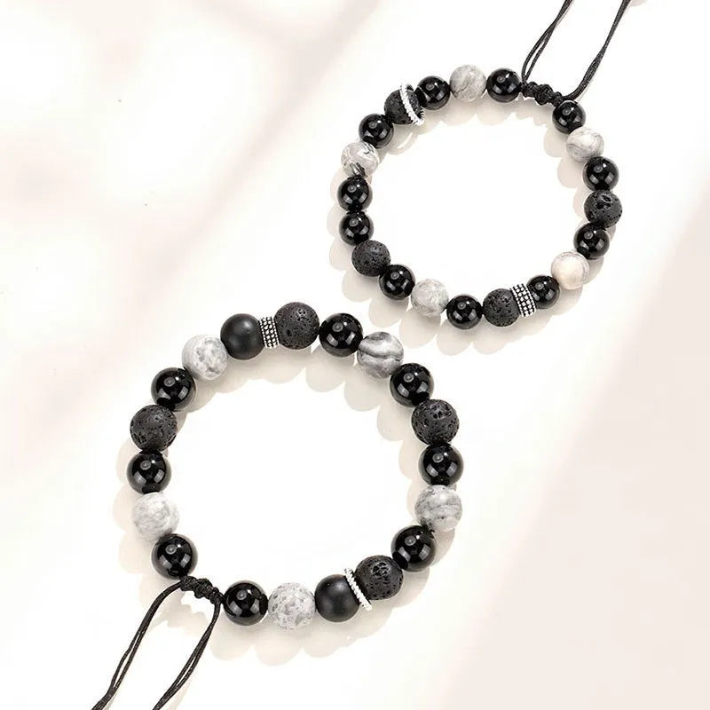 Black agate map stone diamond-shaped volcanic rock bracelet with electroplated finish.