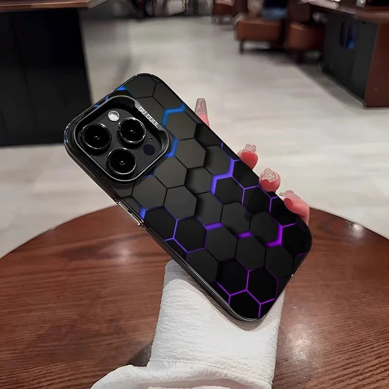 Frosted protective iPhone case with honeycomb square pattern in Moonlight Black, shown fitted on a phone.