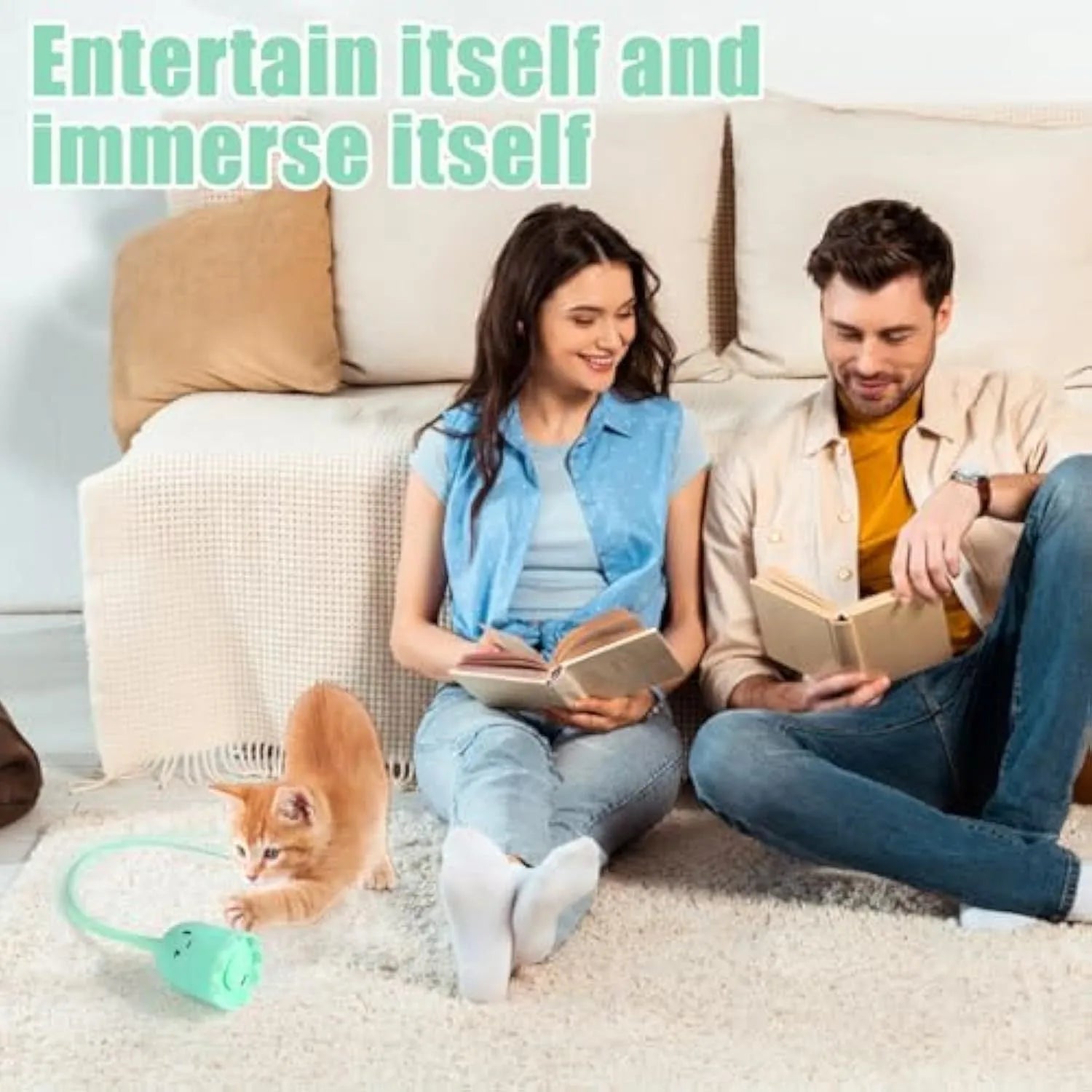 Green automatic electronic cat wand toy with swinging silicone tails on a table.