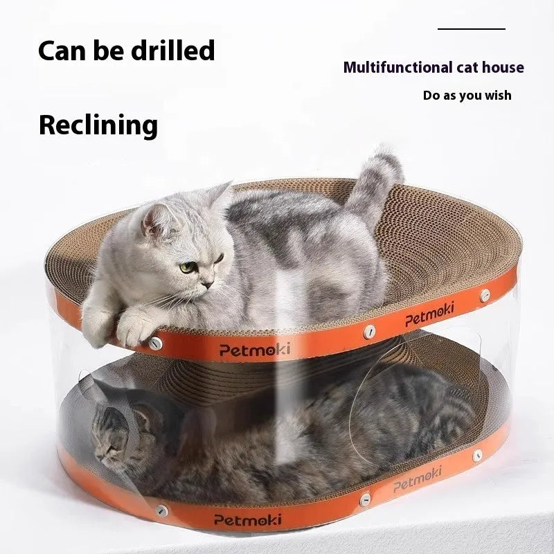 White transparent PVC cat nest tunnel toy with integrated scratch board, measuring 58x45x23cm