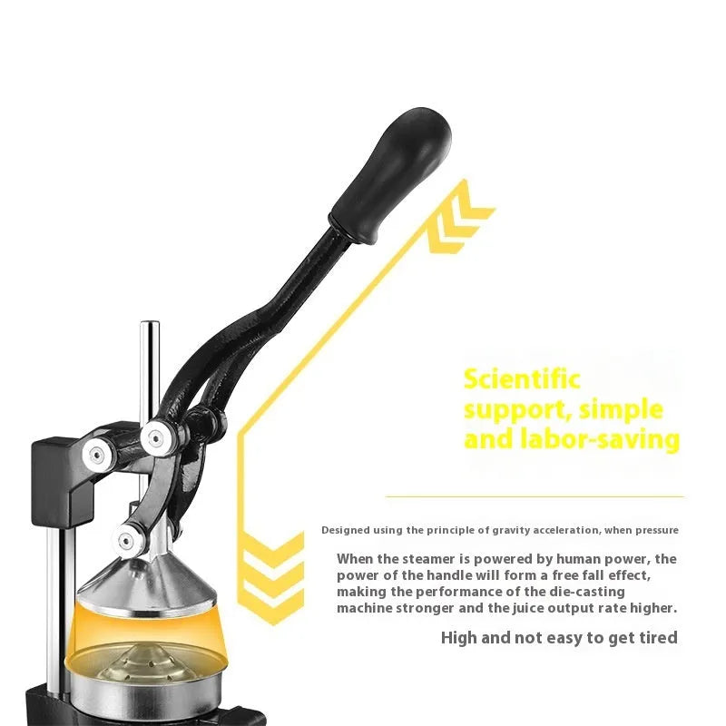 Upgraded black manual cast iron juicer with stainless steel funnel, 40 cm tall on a kitchen counter.