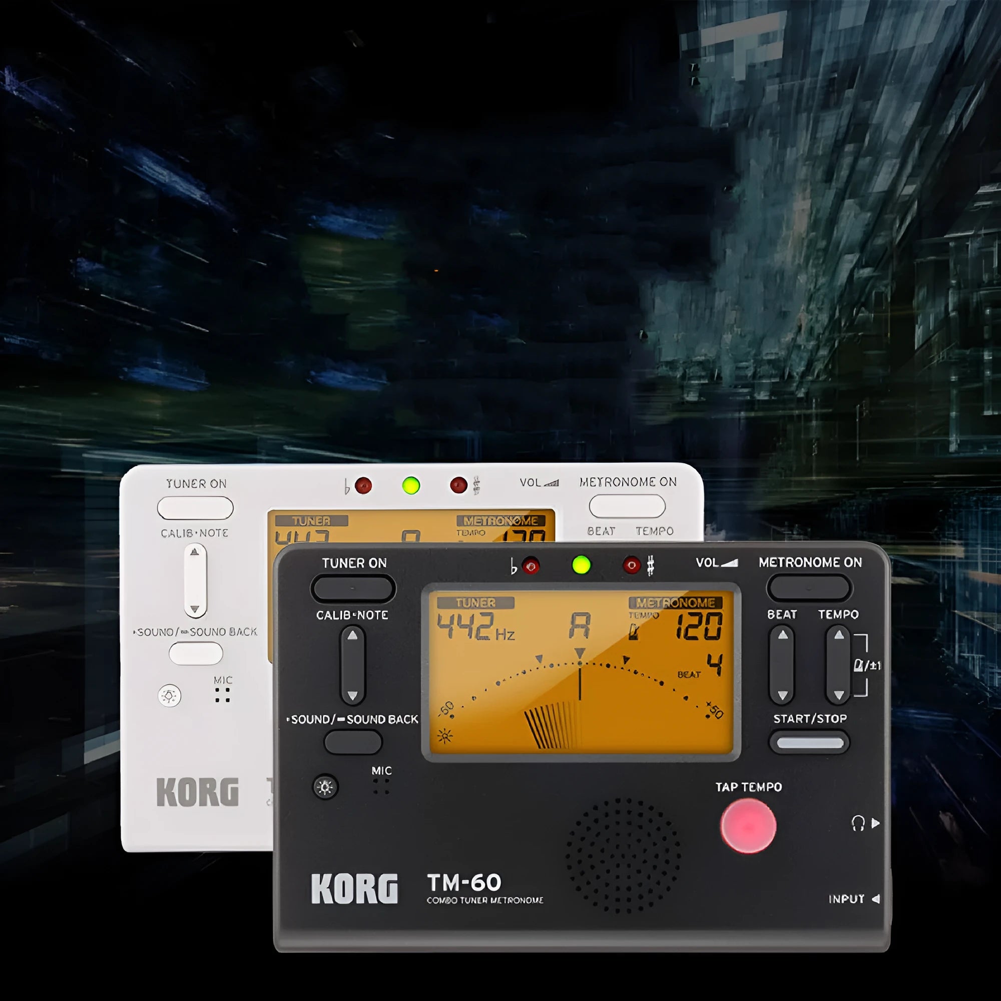 TM-60 digital metronome tuner in black or white plastic shell.