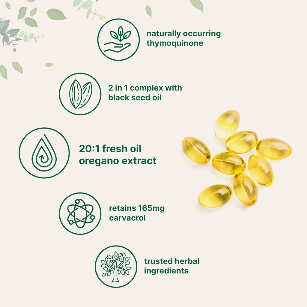 Pack of Butter Black Seed Oil Soft Capsules dietary supplement, showing 180 or 300 tablet options.