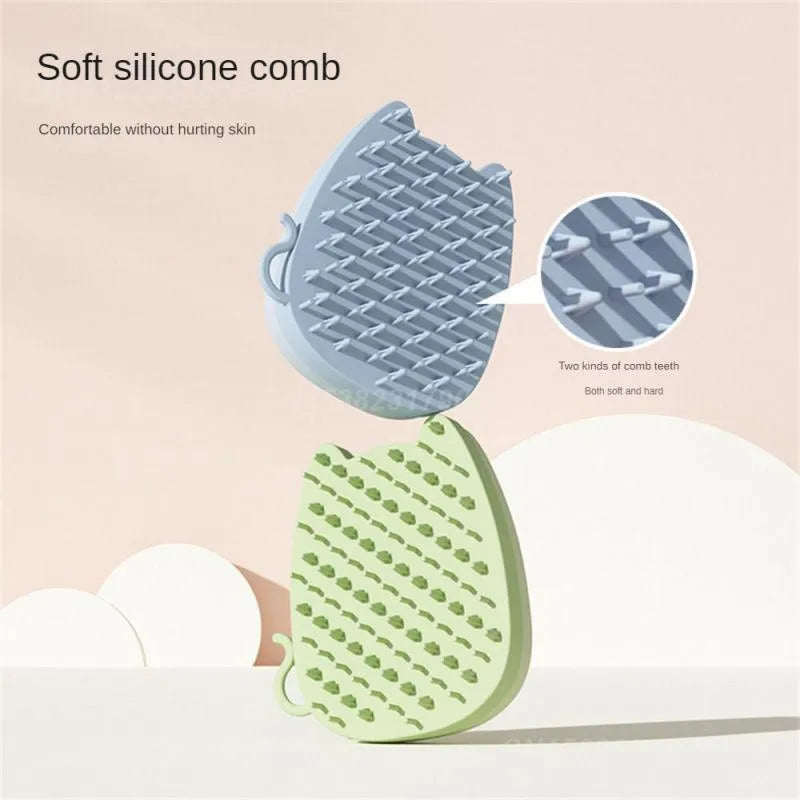 Brown blue green sponge silicone pet grooming comb for cats and dogs measuring 11.5 by 10 centimetres