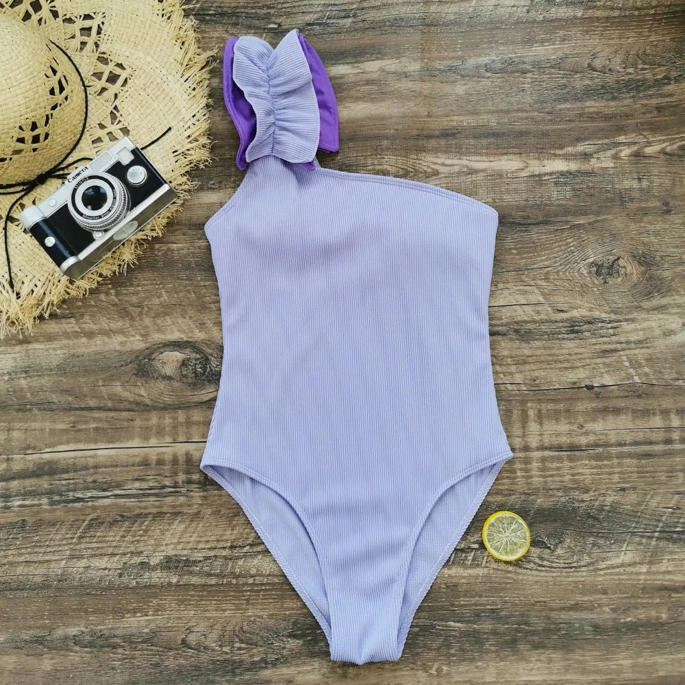 Women's single-shoulder suspender tube top one-piece swimsuit with high-waisted design in solid colours