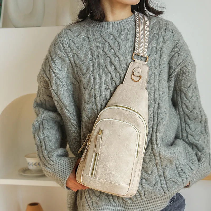 Soft brown PU women's crossbody messenger bag with an open front pocket and sewing thread detail.