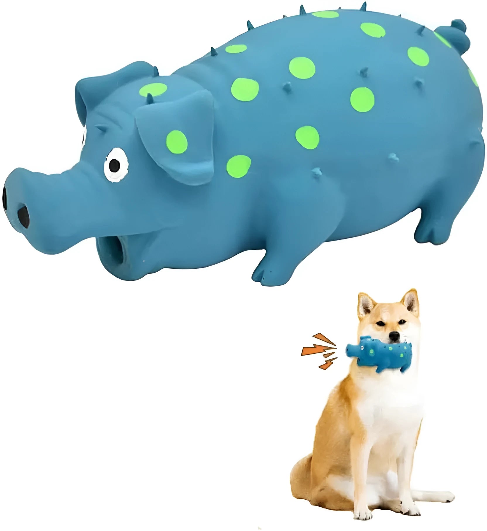 Blue latex pig-shaped dog chew toy with textured surface and squeaky function