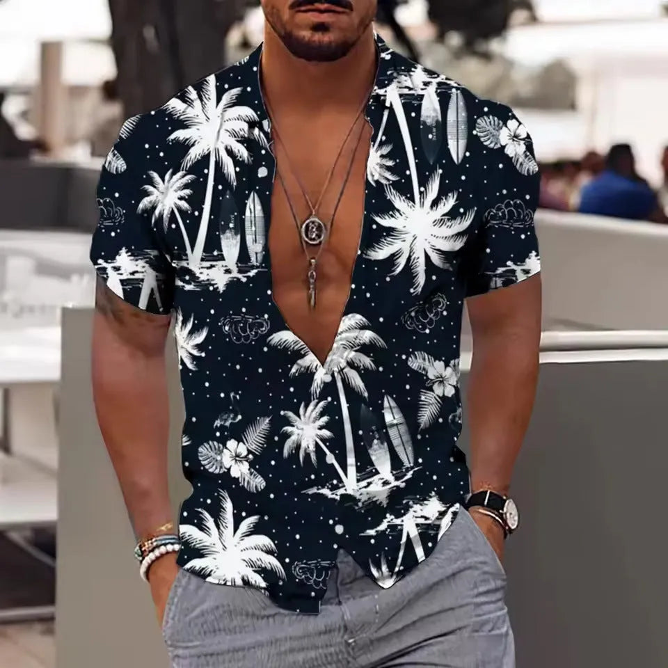 Man wearing a loose-fitting, short-sleeve floral print shirt in a cardigan style against a summer background.