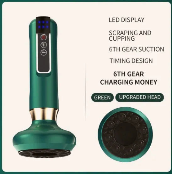 Green electric vacuum cupping massager with adjustable suction and infrared heating functions