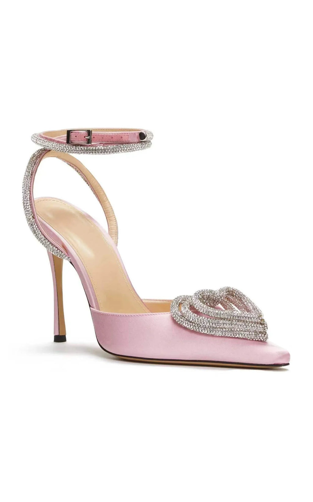 Women's decorative sandals with heart-shaped rhinestones on satin upper and cross-strap design