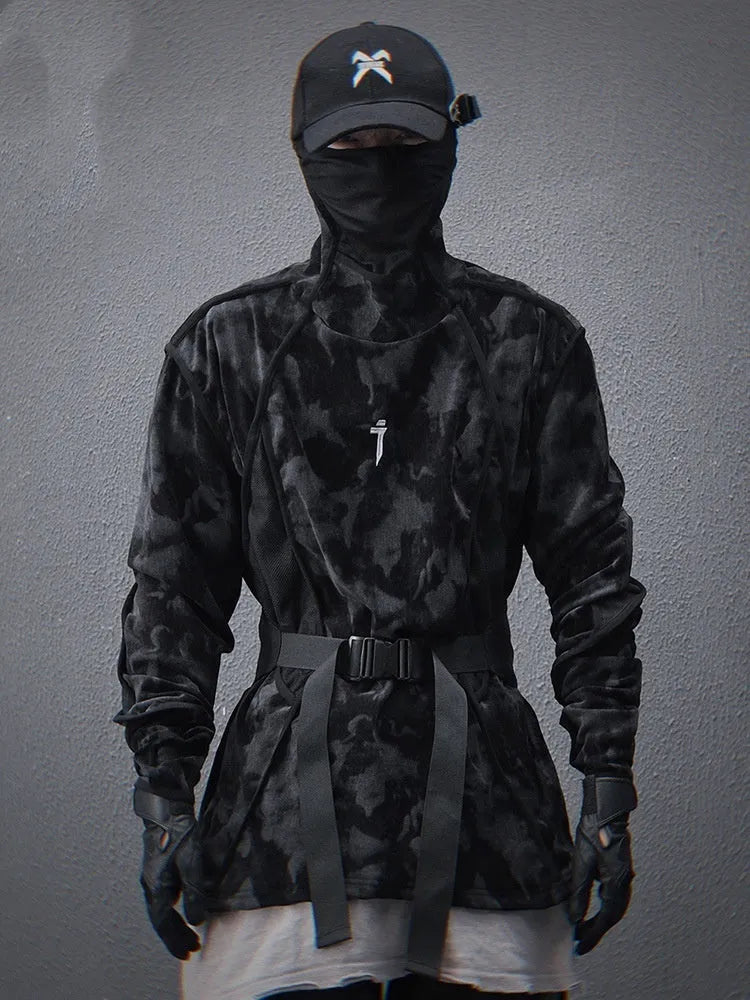 Men's black tie-dye pattern pullover sweater with drop-shoulder sleeves and loose casual fit