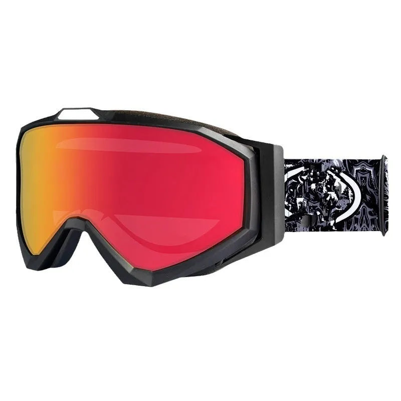Motorcycle goggles with double-layer anti-fog lenses in a black frame with gray film, shown with its storage cloth bag.