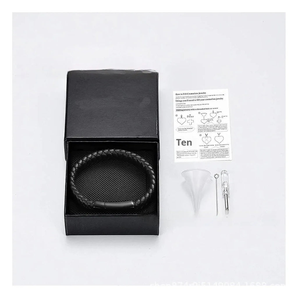 Black stainless steel cinerary casket bracelet with leather elements and English letter design