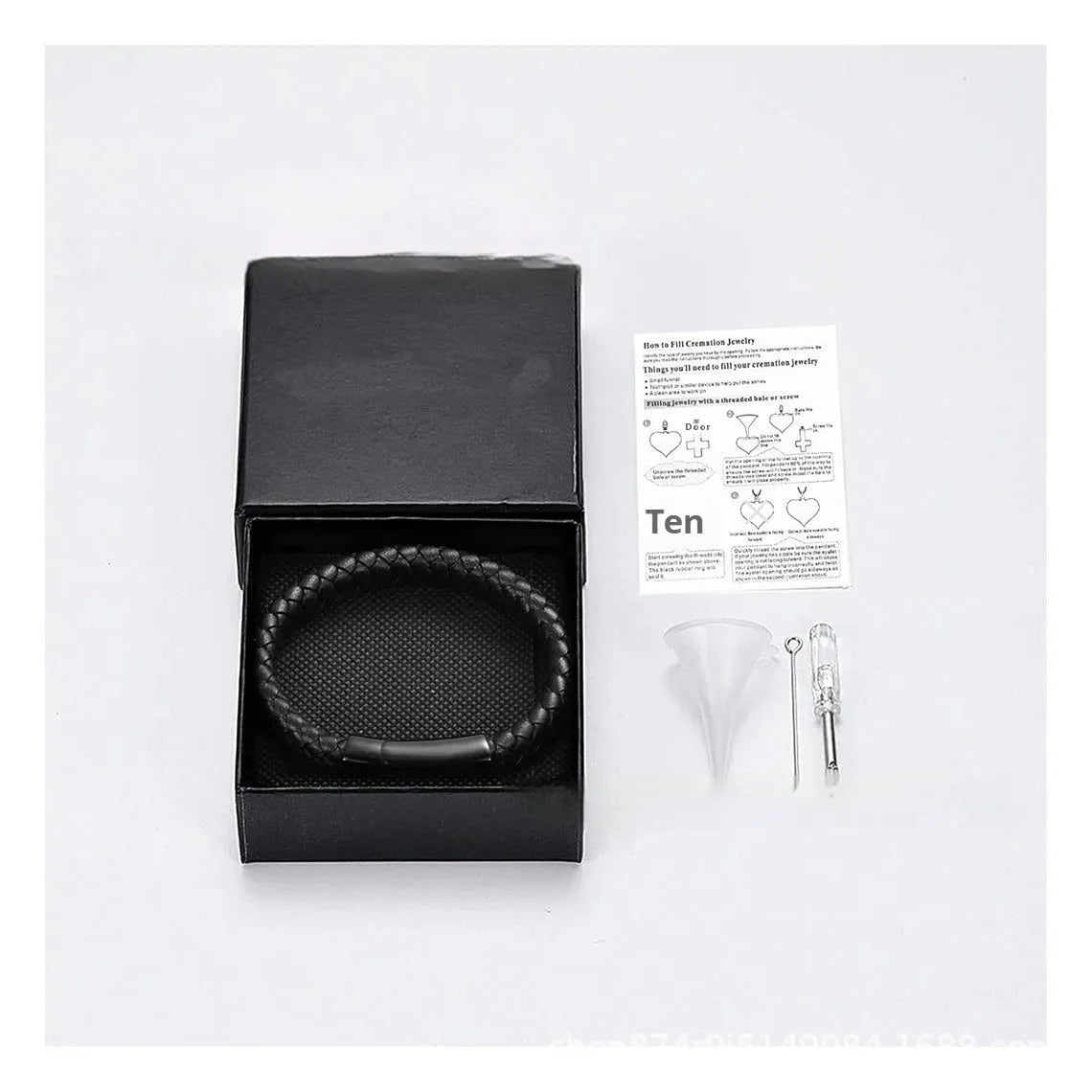 Black stainless steel cinerary casket bracelet with leather elements and English letter design